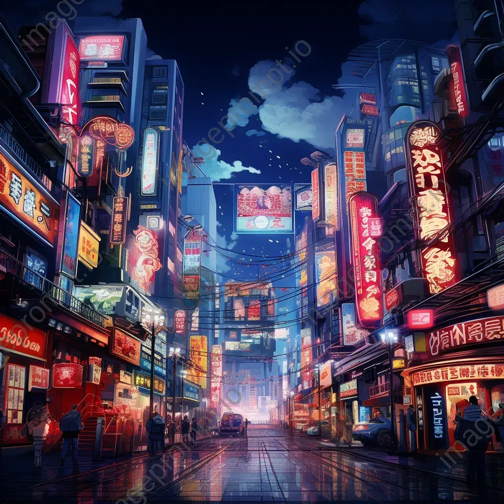 Detailed anime-style artwork featuring a neon-lit, neo-futuristic cityscape - Image 1