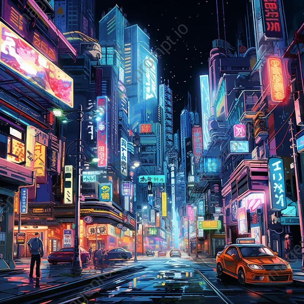 Detailed anime-style artwork featuring a neon-lit, neo-futuristic cityscape - Image 2