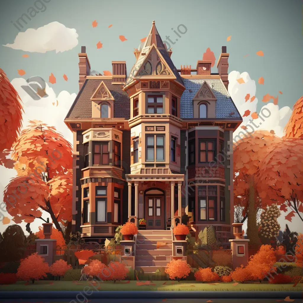 Low poly visual of a Victorian mansion surrounded by autumn hues - Image 1