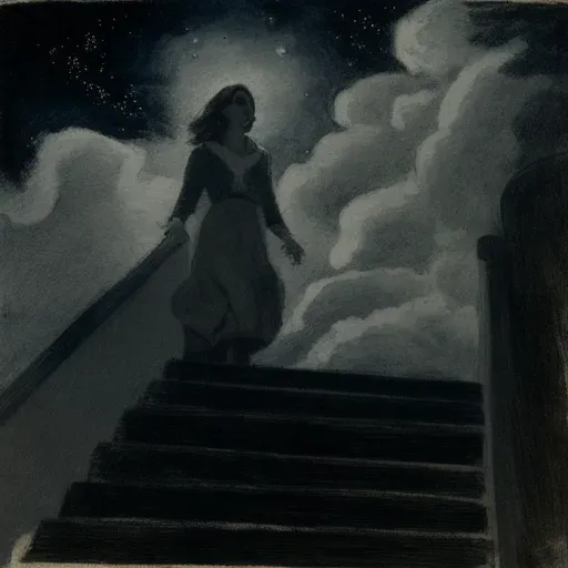 Figure Ascending Staircase of Clouds at Night