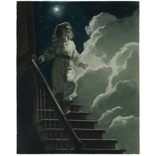 Figure climbing staircase of clouds under starry night sky - Image 4