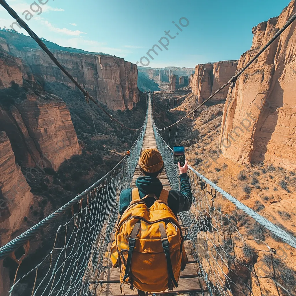 Tourist taking a selfie on a rope bridge over a canyon - Image 1