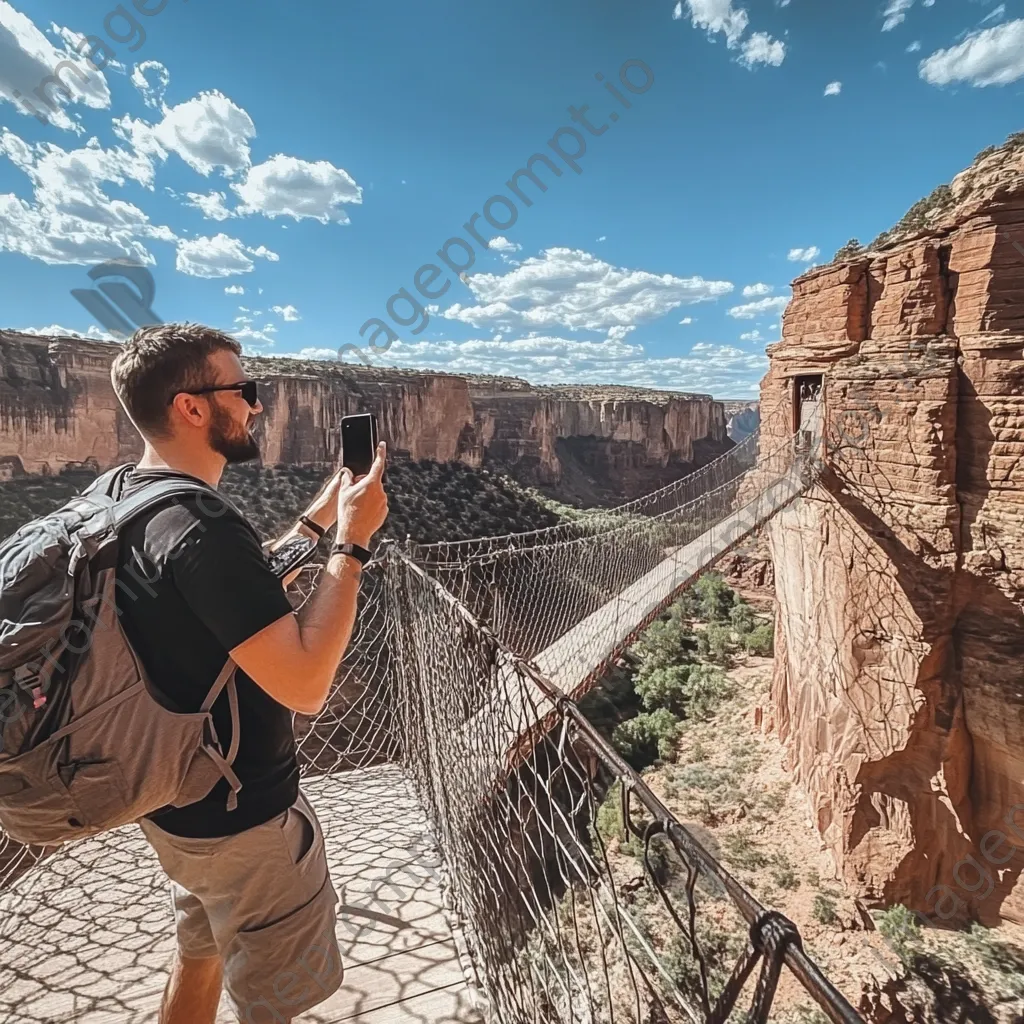 Tourist taking a selfie on a rope bridge over a canyon - Image 2