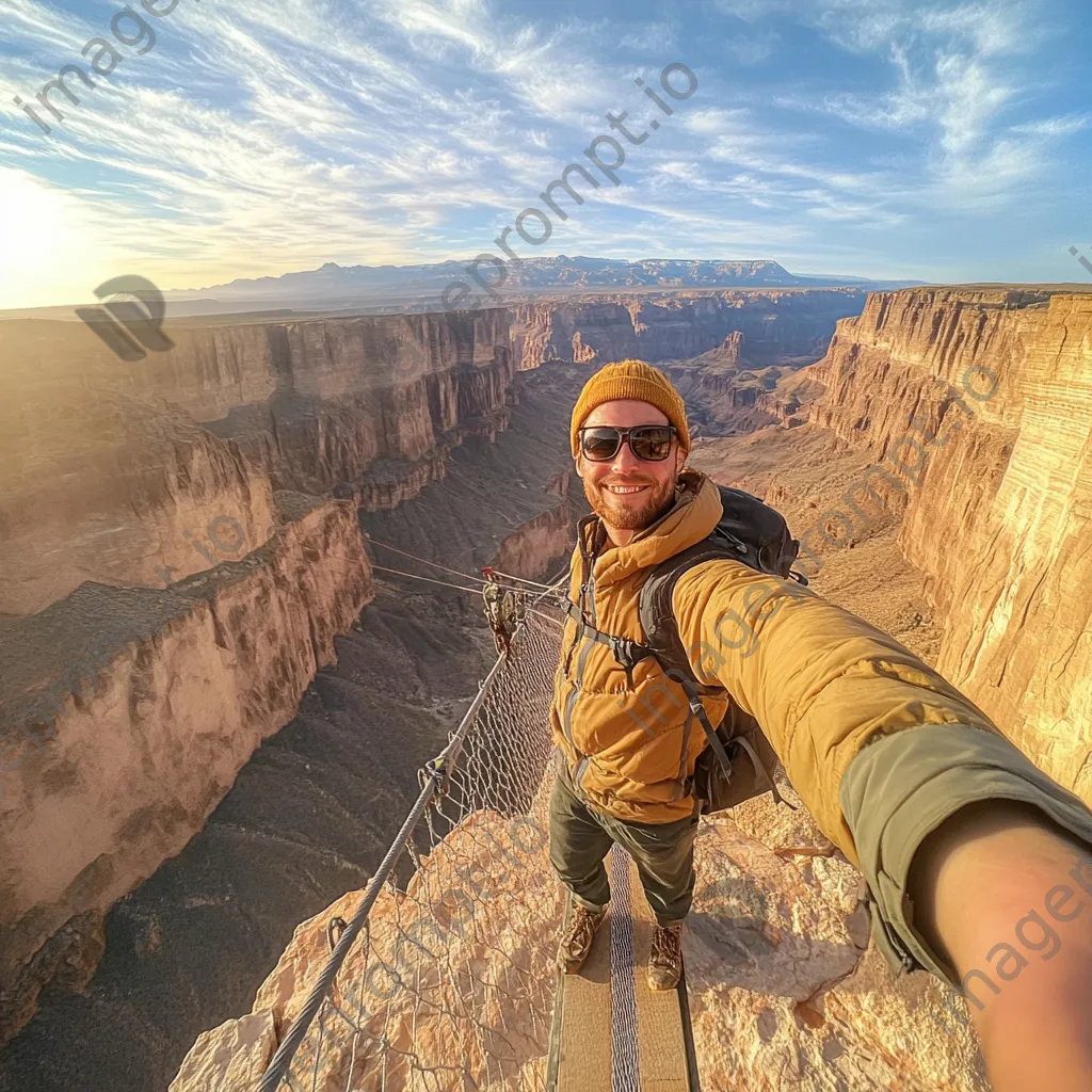 Tourist taking a selfie on a rope bridge over a canyon - Image 3