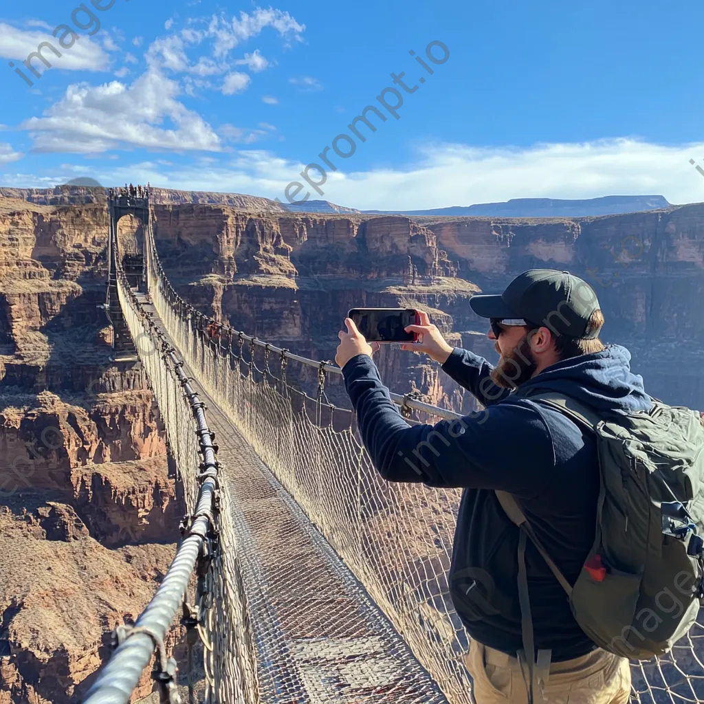 Tourist taking a selfie on a rope bridge over a canyon - Image 4