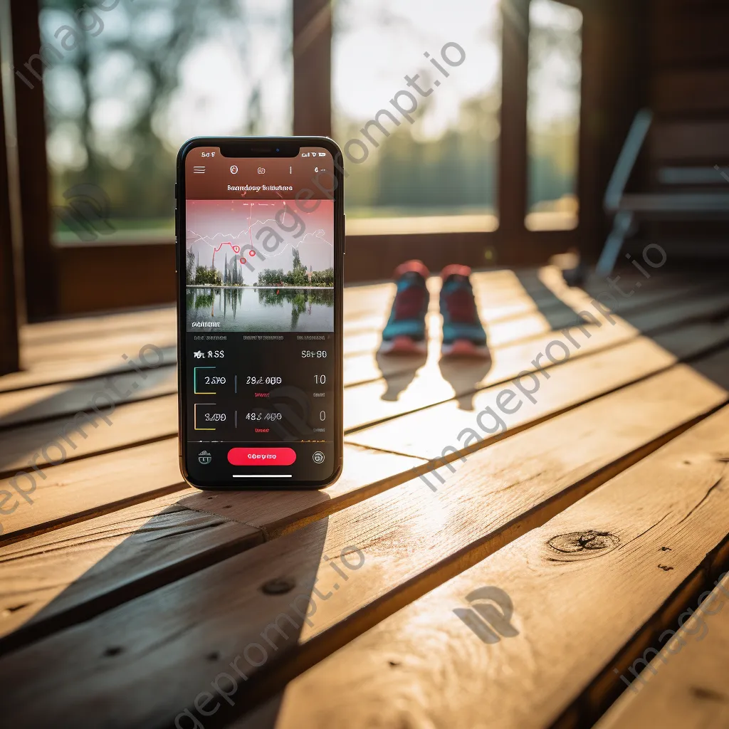 Smartphone with fitness tracking app on a wooden table next to running shoes and a water bottle - Image 2