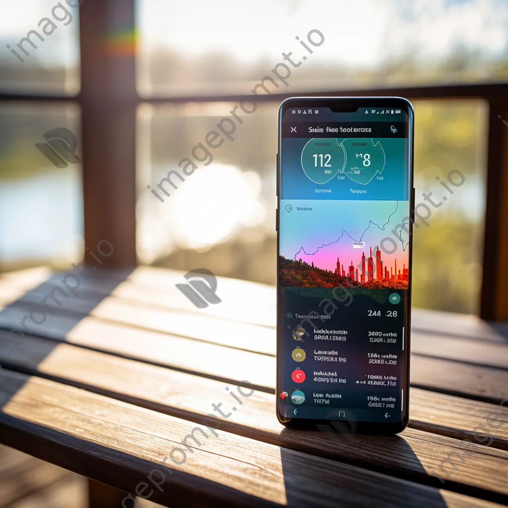 Smartphone with fitness tracking app on a wooden table next to running shoes and a water bottle - Image 3