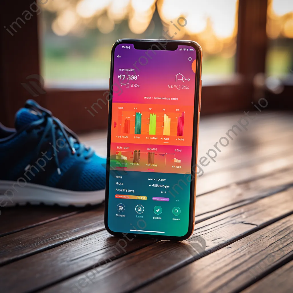 Smartphone with fitness tracking app on a wooden table next to running shoes and a water bottle - Image 4