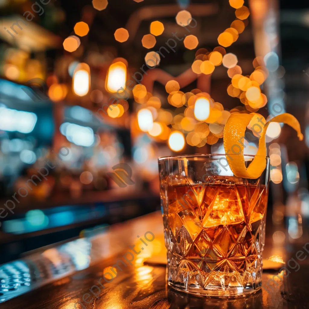 Close-up of a cocktail being stirred with a lemon garnish - Image 1