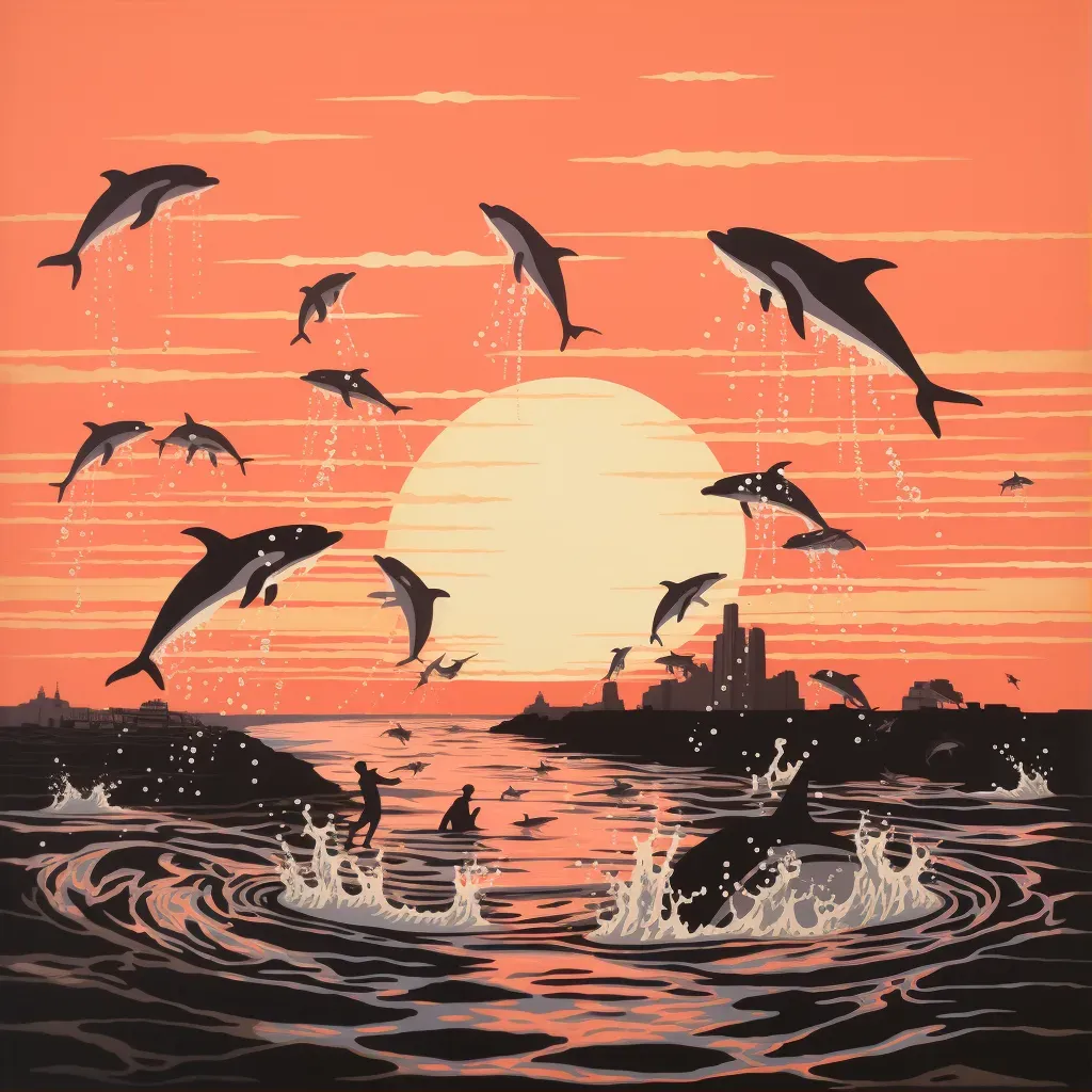 Illustration of dolphins leaping out of the sea at sunrise - Image 1