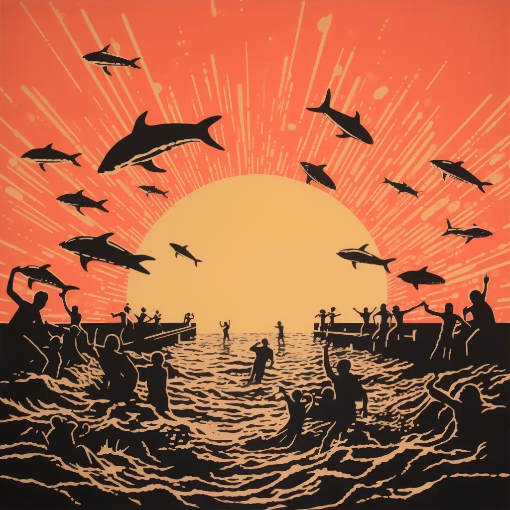 Illustration of dolphins leaping out of the sea at sunrise - Image 3