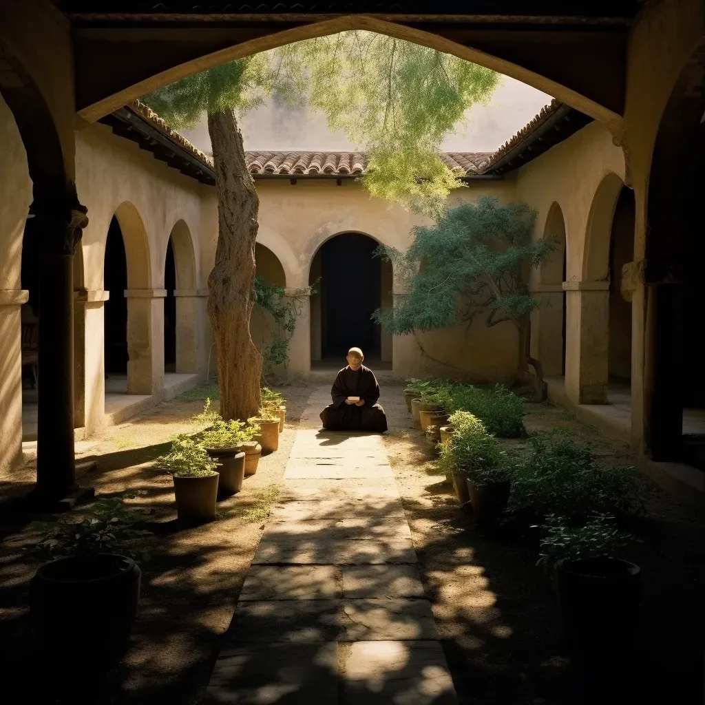 Meditating monk in peaceful monastery courtyard - Image 1