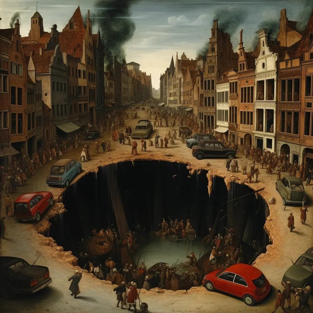 Illustration of a sinkhole opening up on a city street with cars falling into the hole. - Image 2