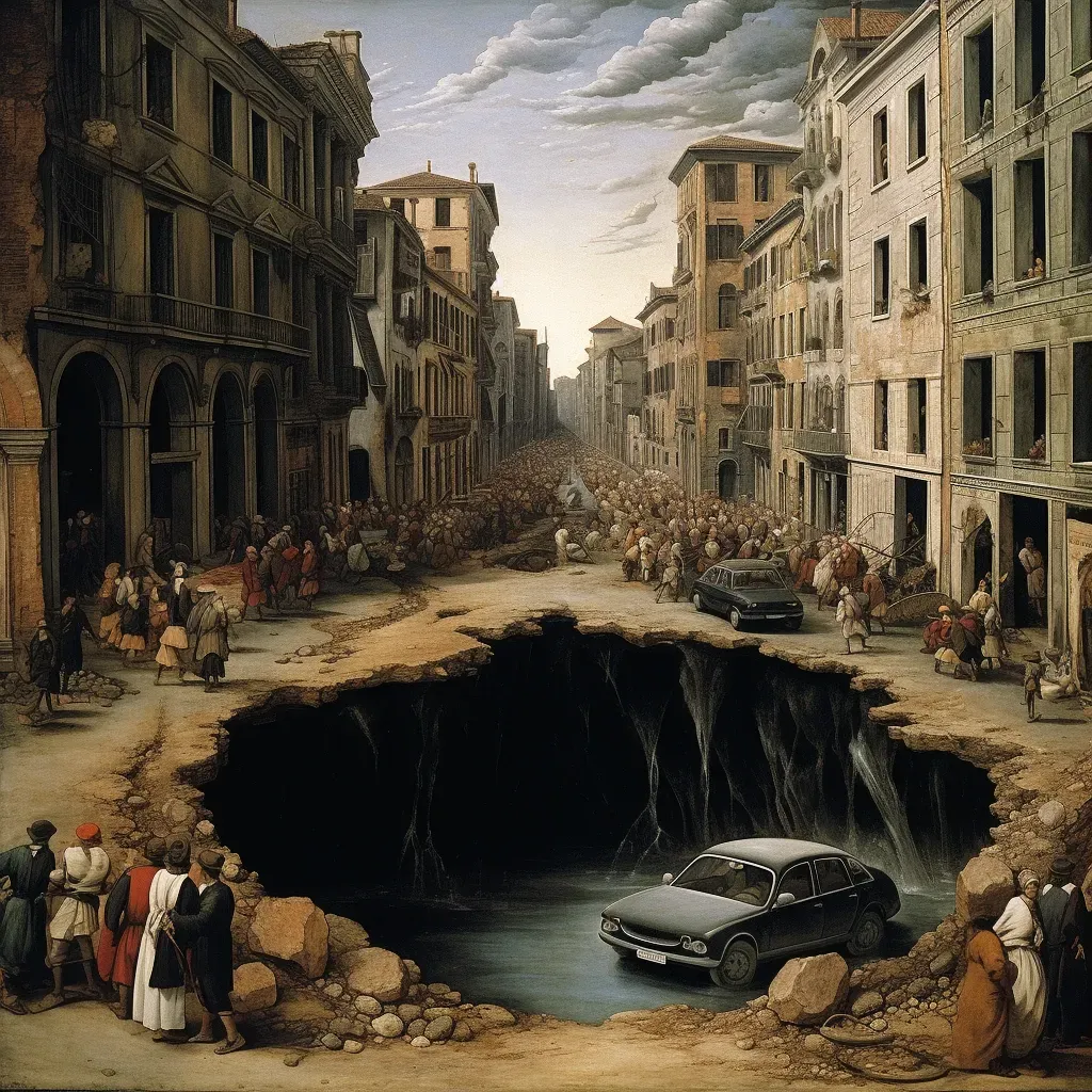 Illustration of a sinkhole opening up on a city street with cars falling into the hole. - Image 3