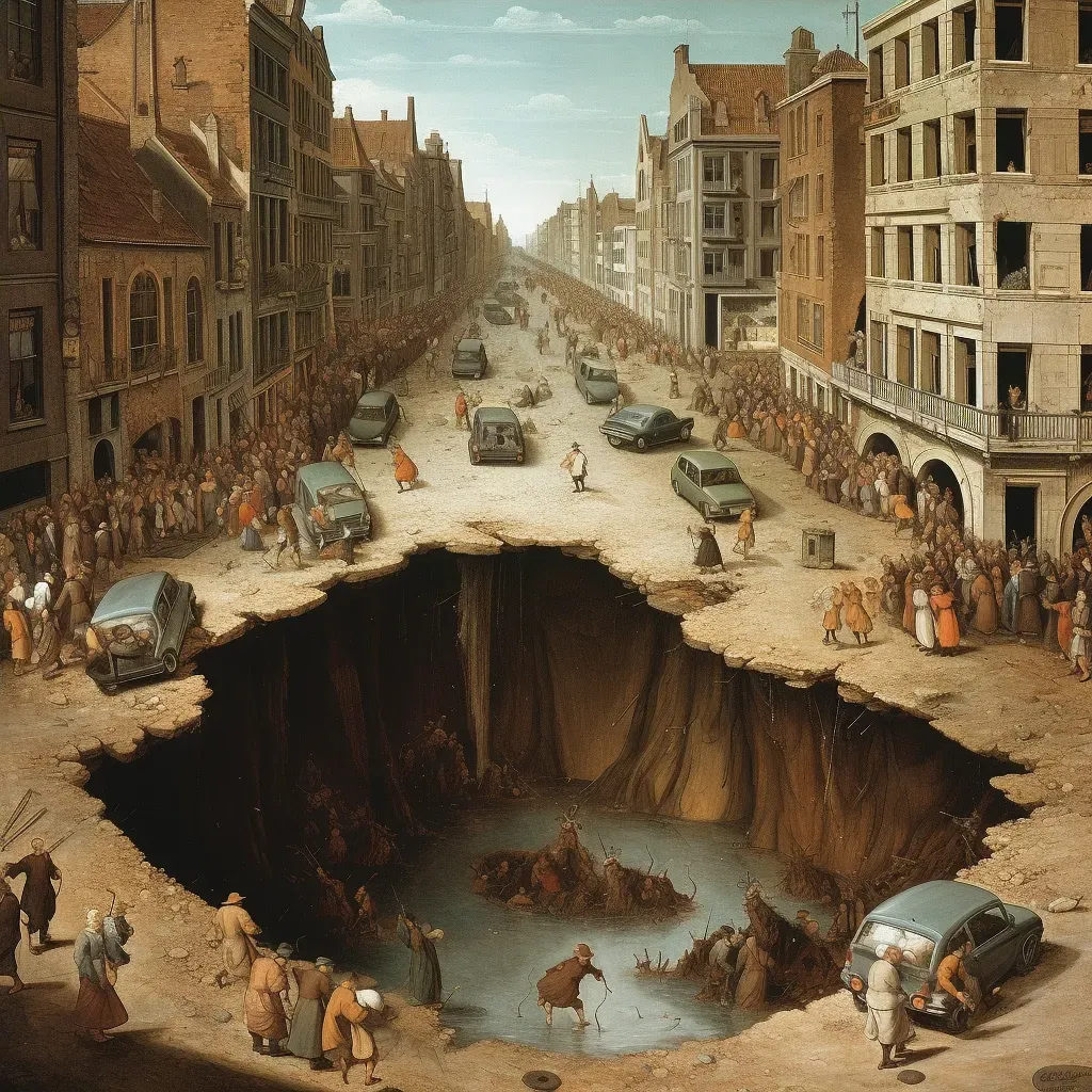 Illustration of a sinkhole opening up on a city street with cars falling into the hole. - Image 4