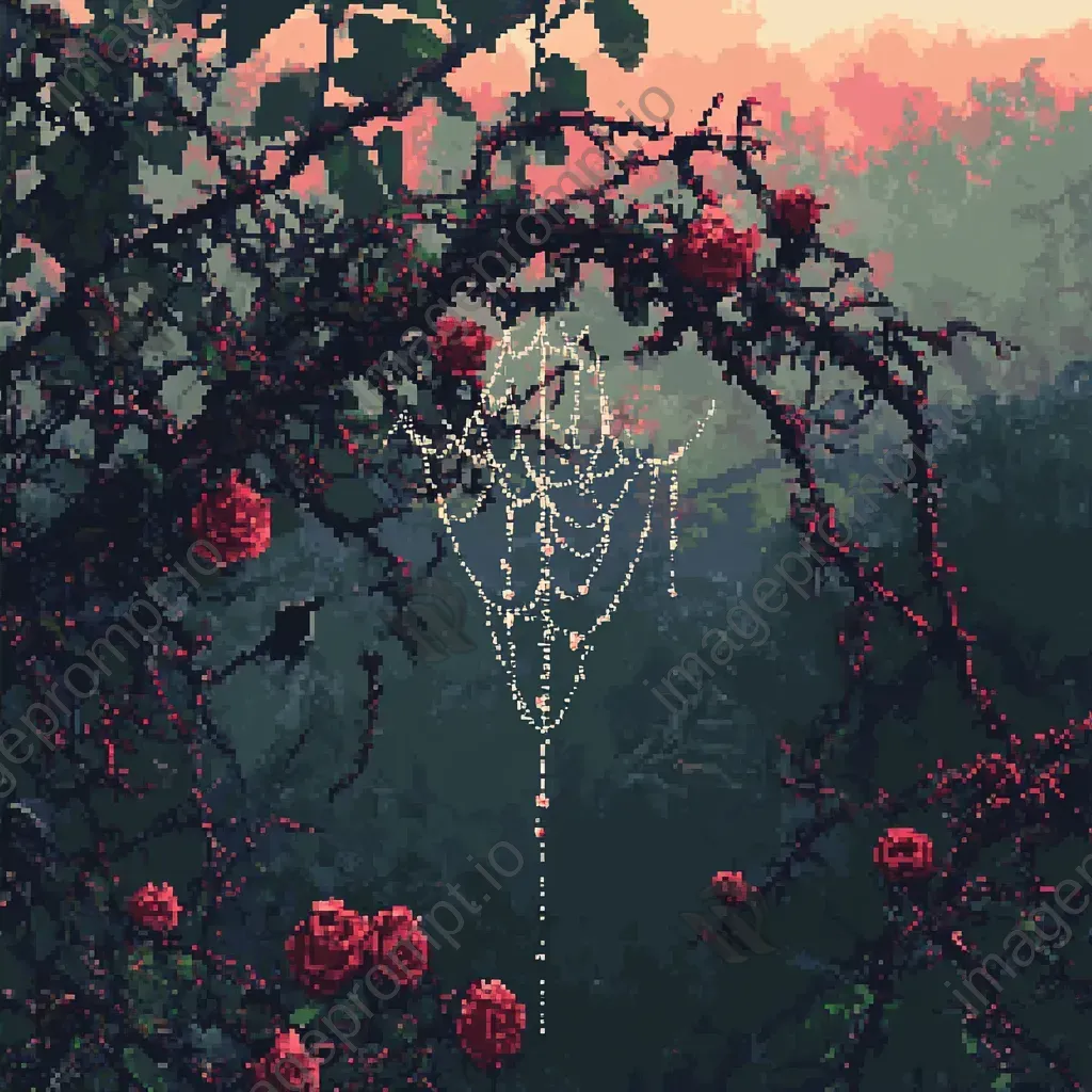 Digital pixel art of a dew-drenched spider web on a rosebush - Image 2