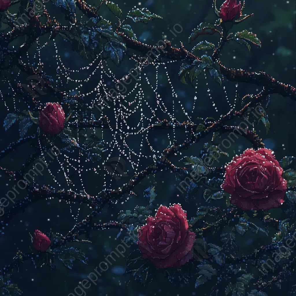 Digital pixel art of a dew-drenched spider web on a rosebush - Image 3