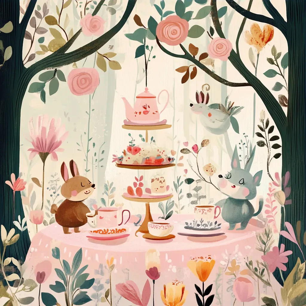 Cartoon-style whimsical tea party with fairytale creatures in pastel colors - Image 3