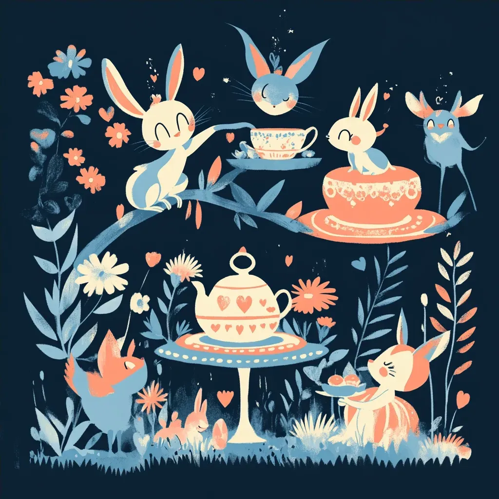 Cartoon-style whimsical tea party with fairytale creatures in pastel colors - Image 4