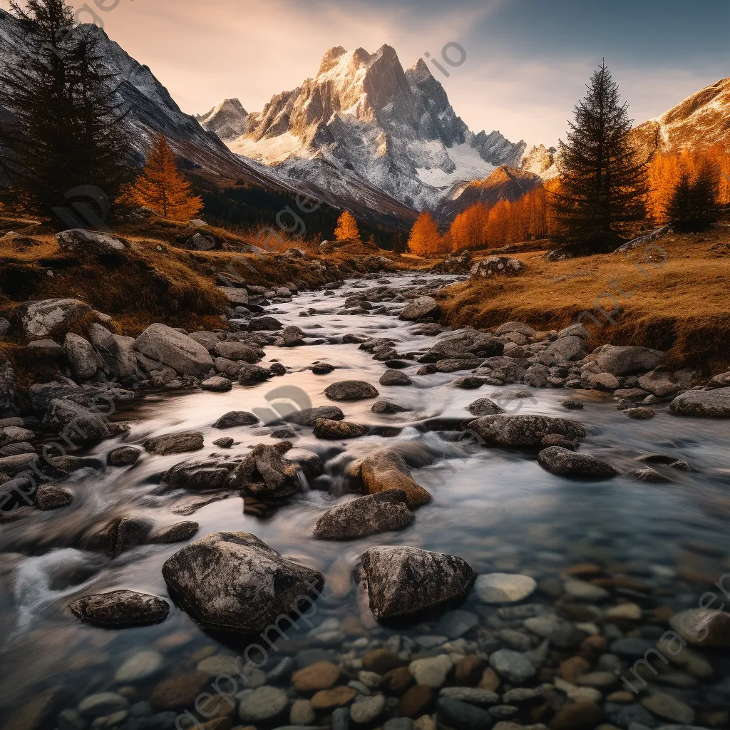 Alpine stream reflecting snow-capped mountains and autumn foliage during golden hour. - Image 1