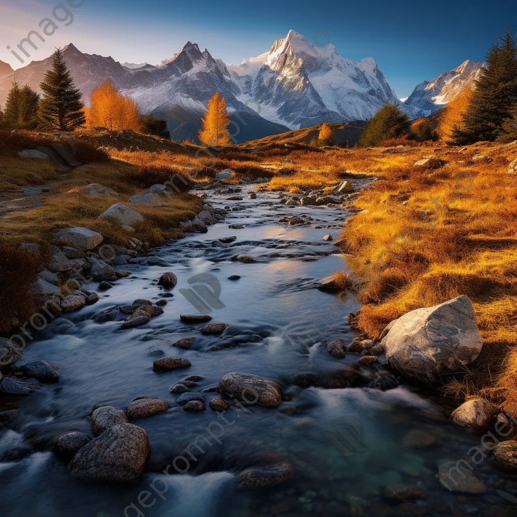 Alpine stream reflecting snow-capped mountains and autumn foliage during golden hour. - Image 3