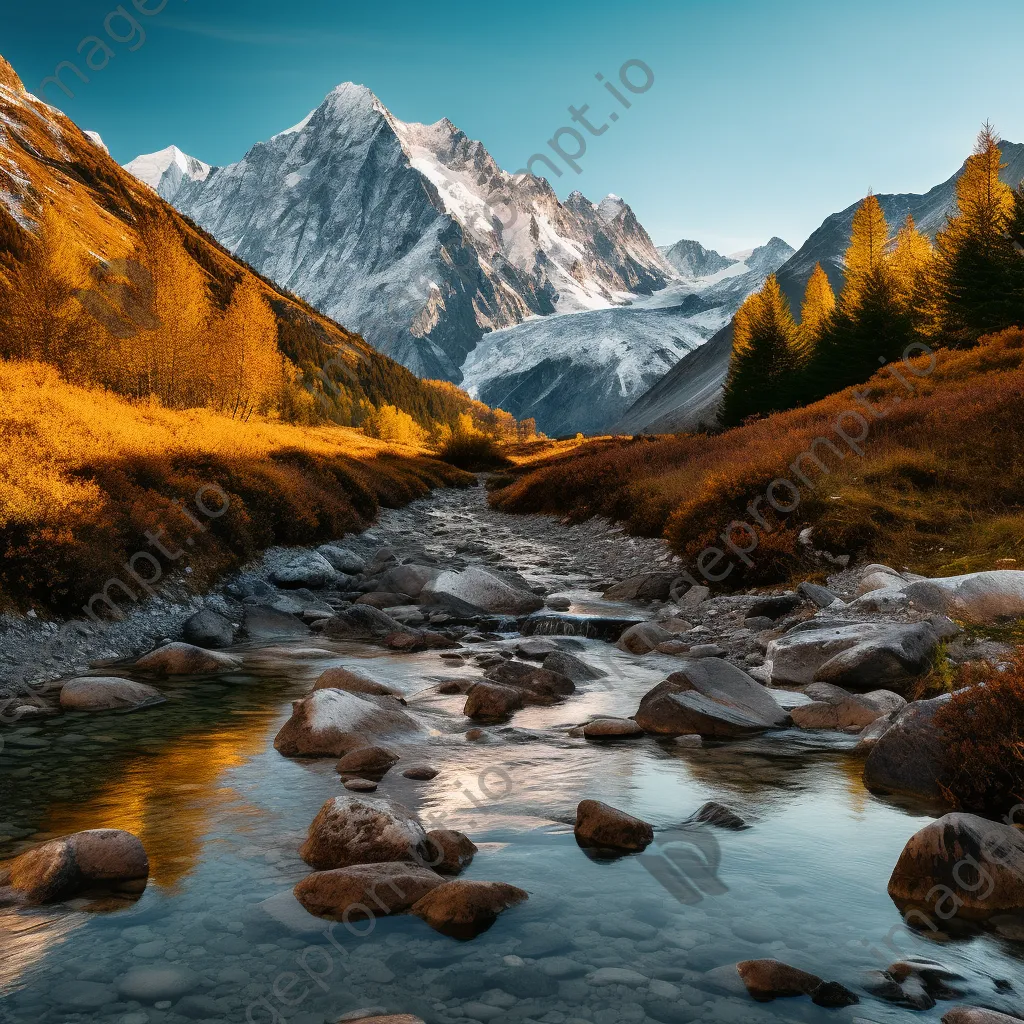 Alpine stream reflecting snow-capped mountains and autumn foliage during golden hour. - Image 4