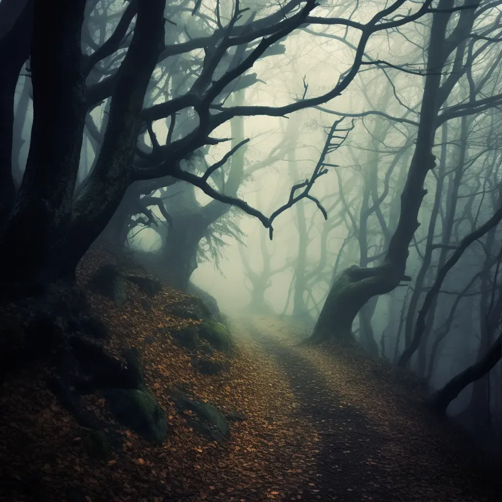 Image of a foggy forest with ancient trees and a winding path - Image 1