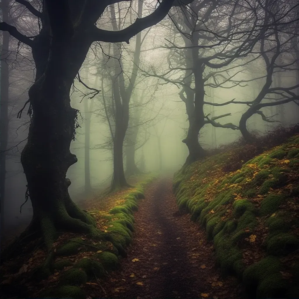 Image of a foggy forest with ancient trees and a winding path - Image 2