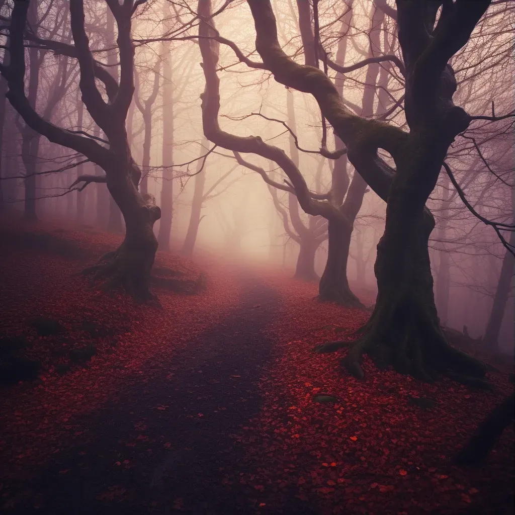 Image of a foggy forest with ancient trees and a winding path - Image 3