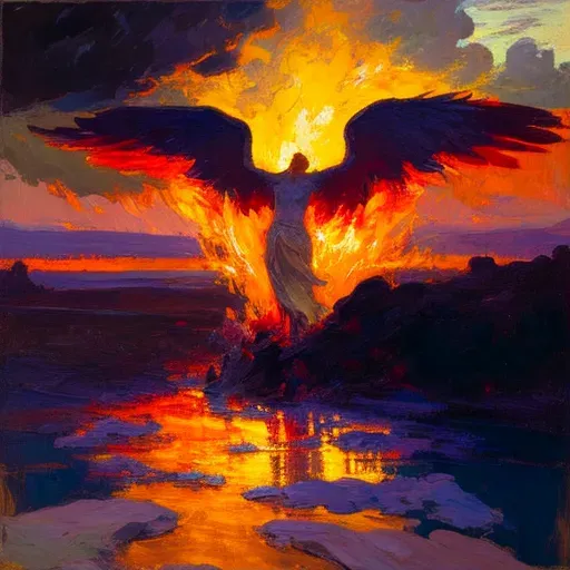 Image of mystical phoenix rising from ashes at sunset - Image 1