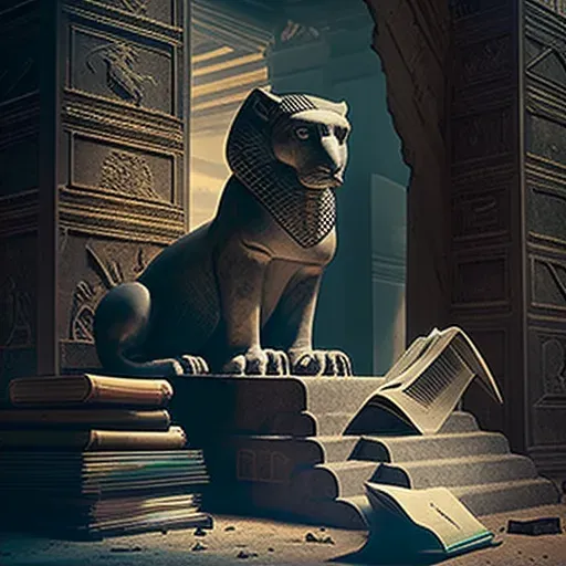 Image of a secret library with flying books guarded by a sphinx - Image 2