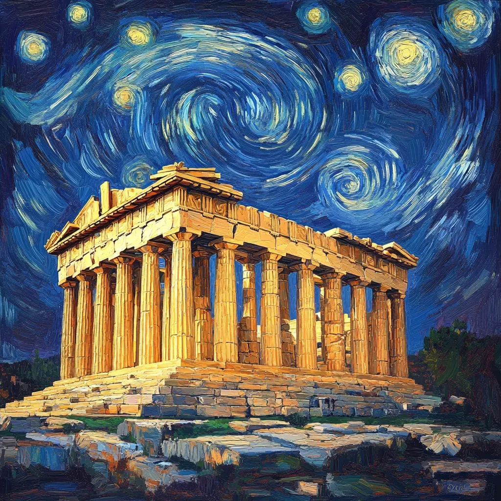 Starry night sky over the ancient Parthenon, reminiscent of Van Gogh