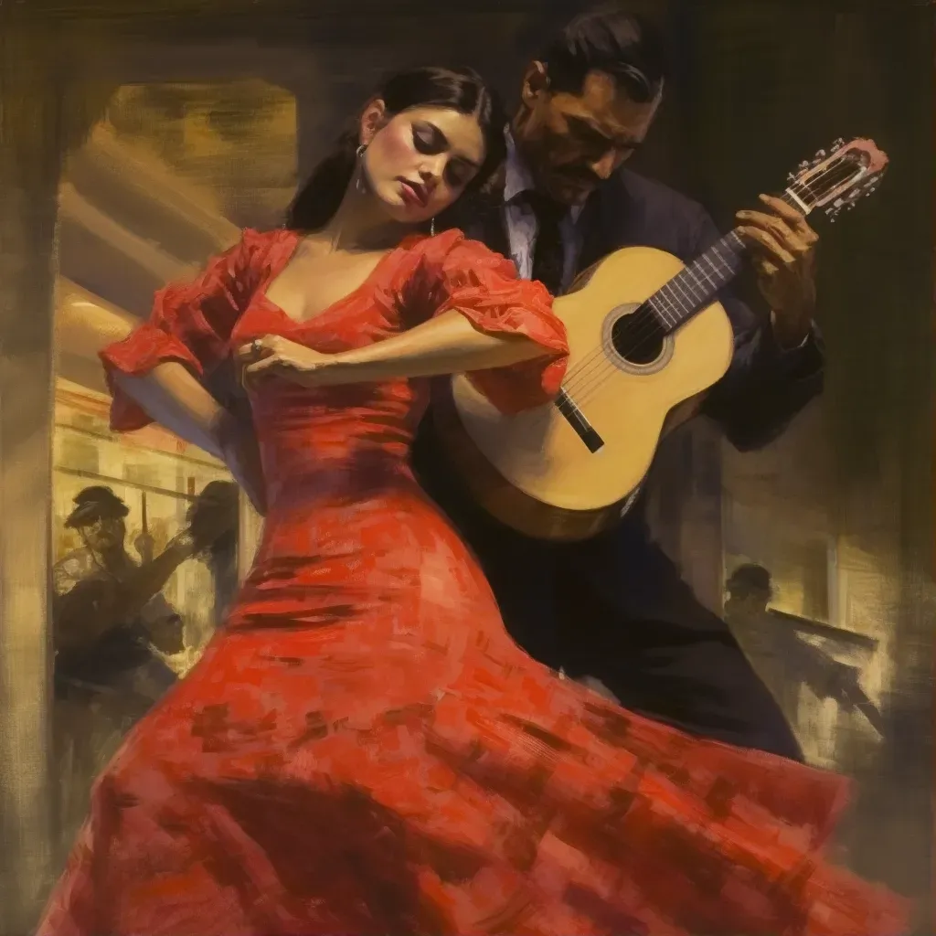 Image of a flamenco dancer twirling with a Spanish guitar player - Image 1