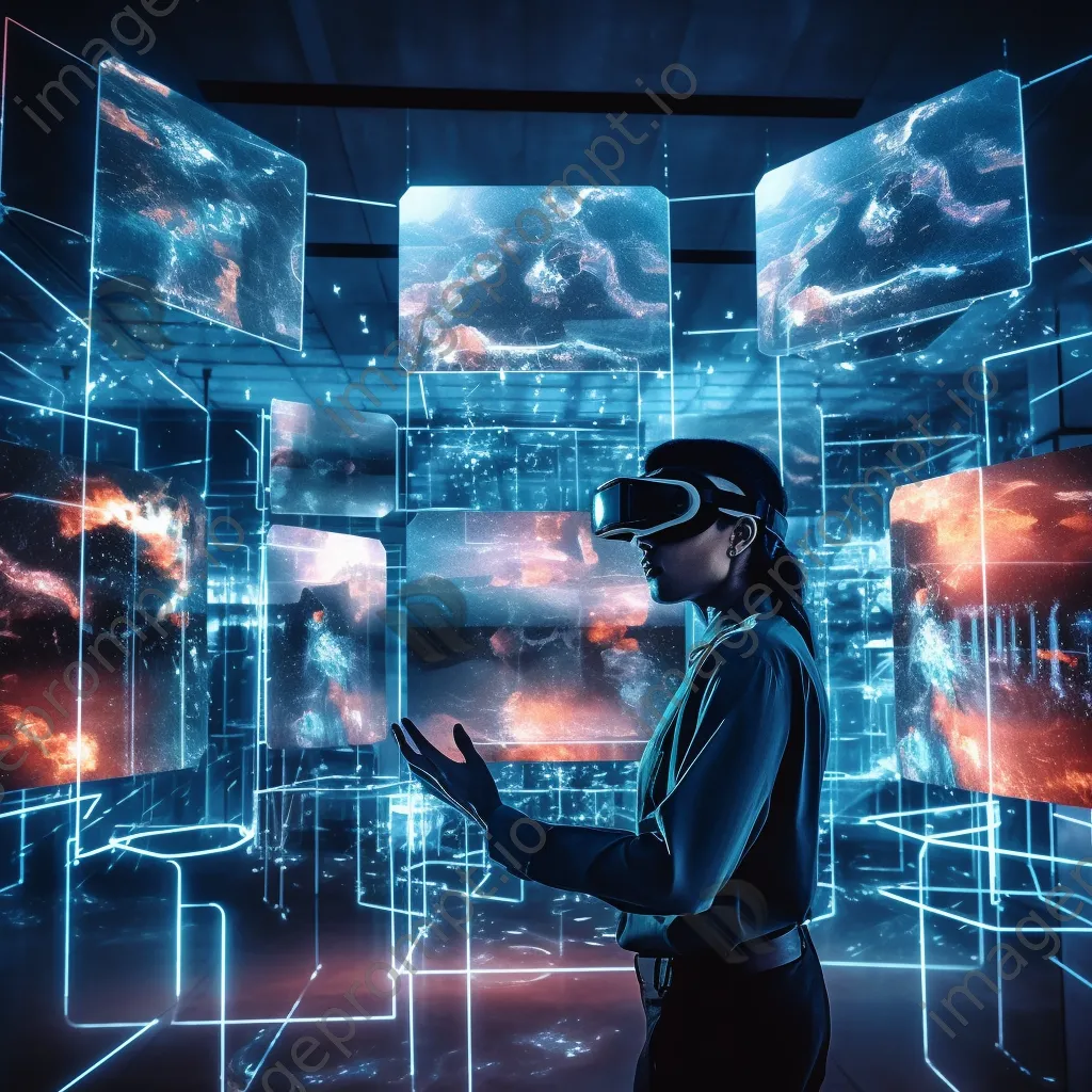 Individual using a VR headset surrounded by digital screens - Image 1