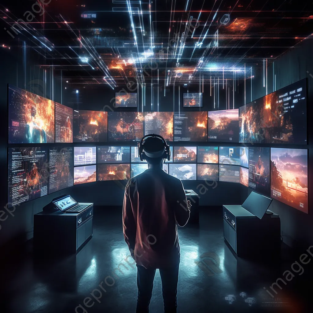 Individual using a VR headset surrounded by digital screens - Image 2