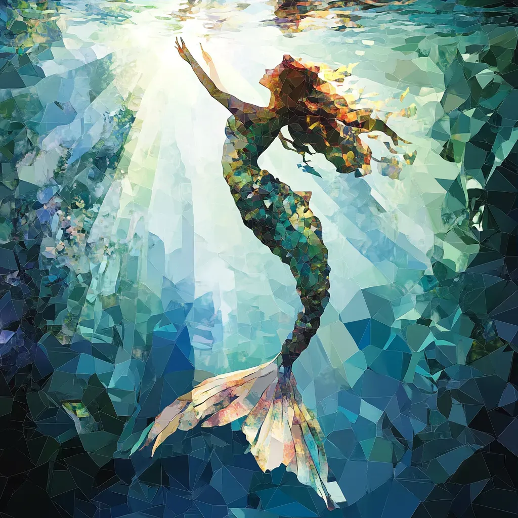 Low poly mermaid with a watercolor effect, in an underwater setting - Image 3