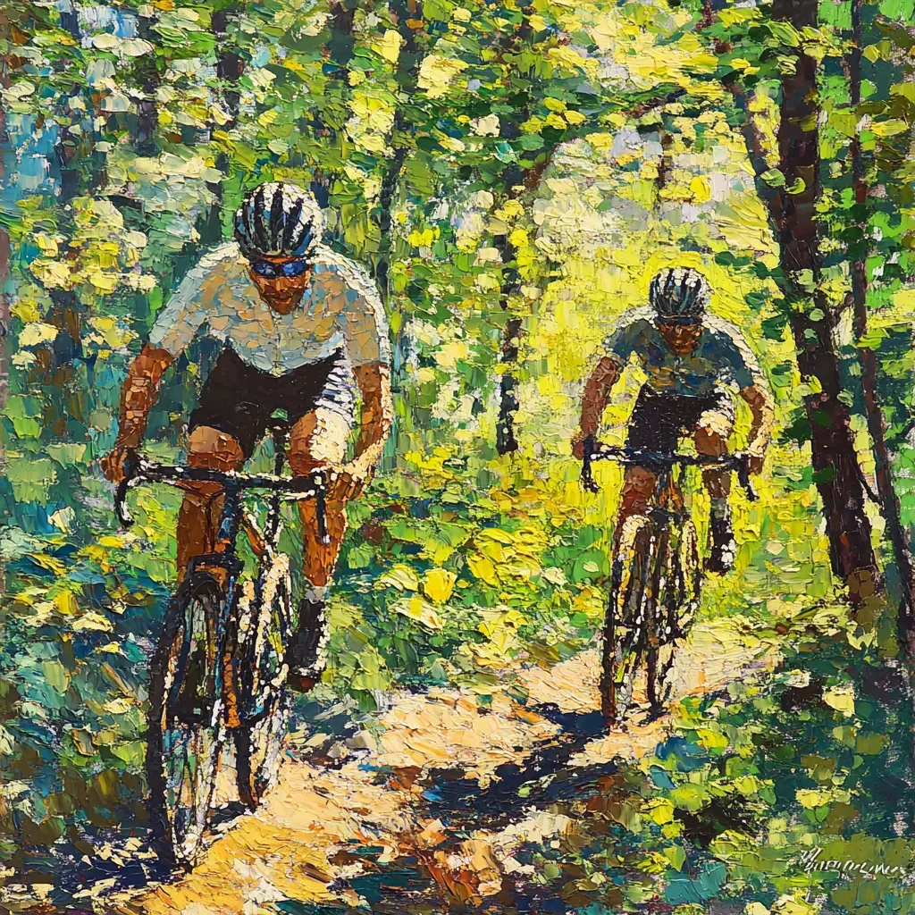 Pointillist painting of mountain bikers racing down a forest trail - Image 1