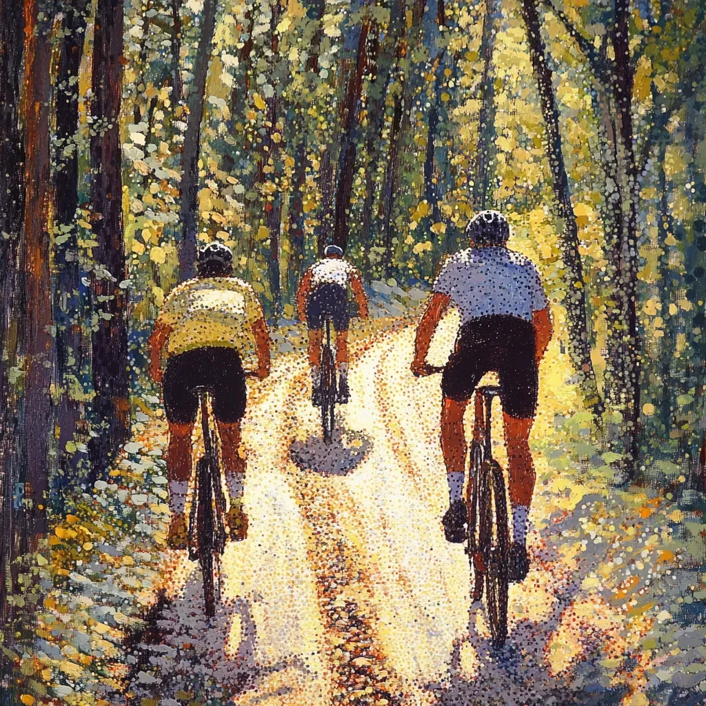 Pointillist painting of mountain bikers racing down a forest trail - Image 4