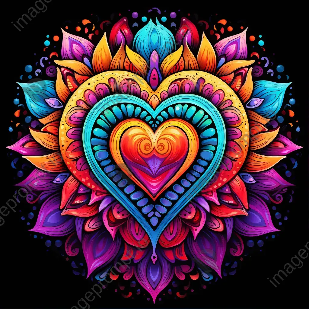 Intricate colorful mandala with heart at the center signifying complexity in love - Image 1