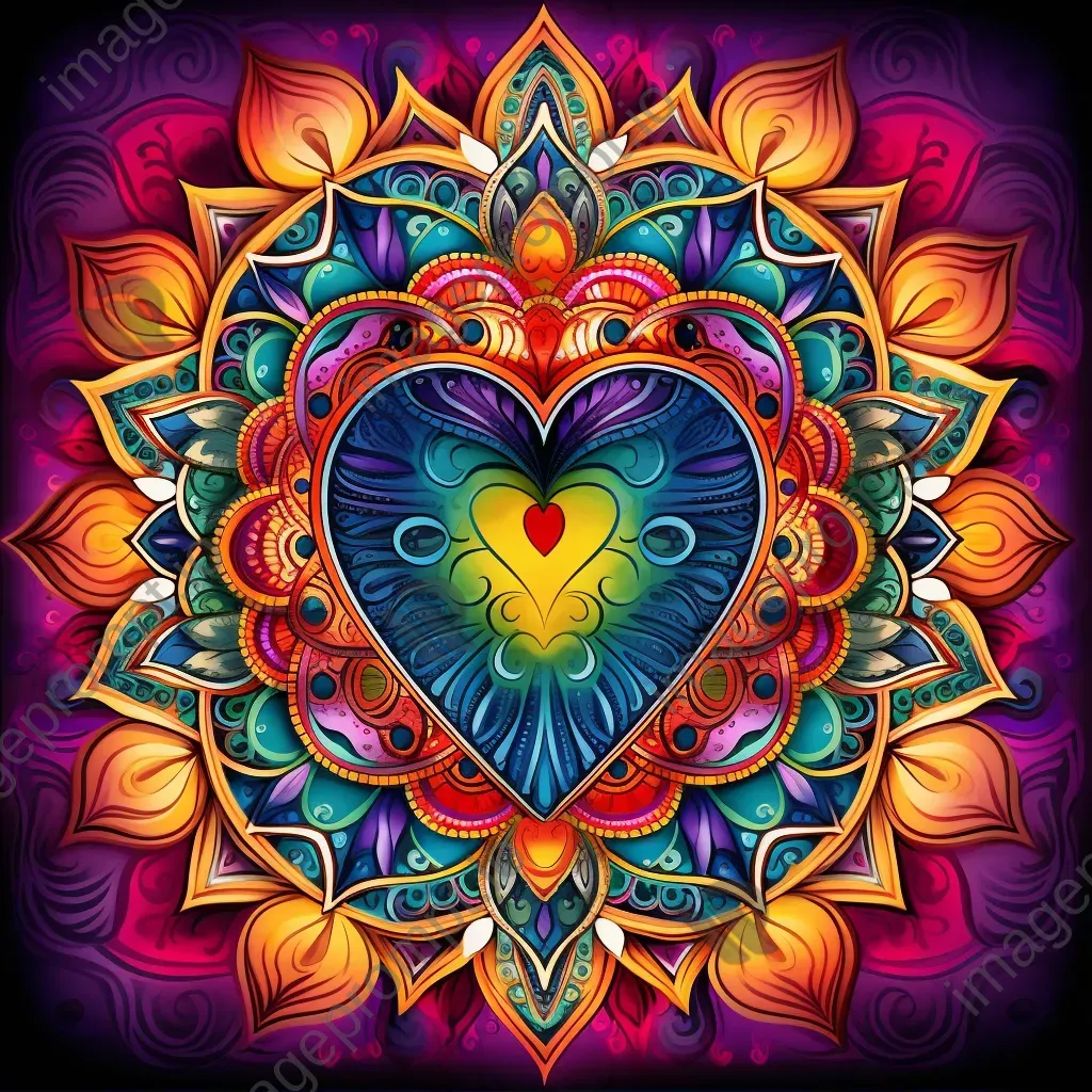 Intricate colorful mandala with heart at the center signifying complexity in love - Image 2