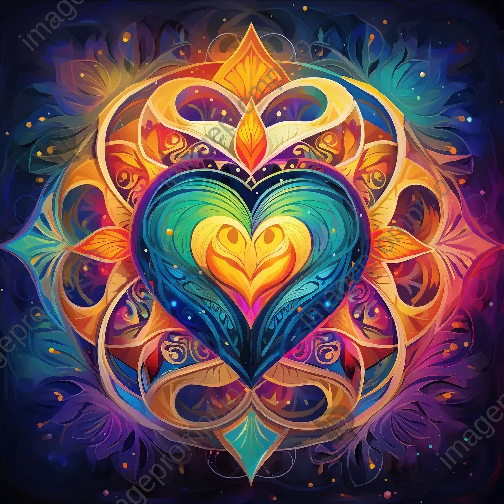 Intricate colorful mandala with heart at the center signifying complexity in love - Image 4