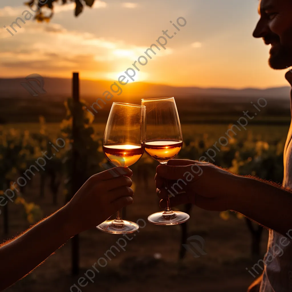 Couple toasting with wine at sunset in a vineyard. - Image 1