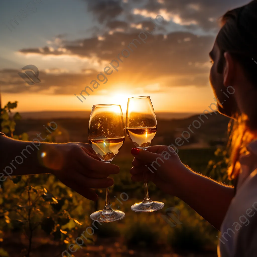 Couple toasting with wine at sunset in a vineyard. - Image 2