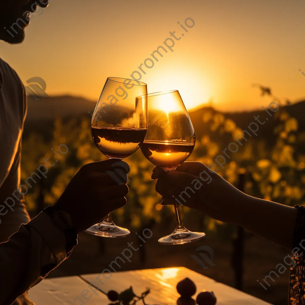 Couple toasting with wine at sunset in a vineyard. - Image 3