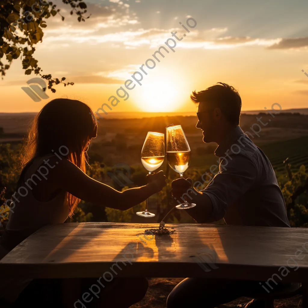 Couple toasting with wine at sunset in a vineyard. - Image 4