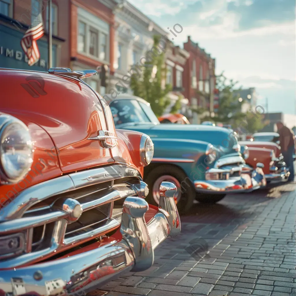 Colorful vintage cars at a car show in a historic town square - Image 1