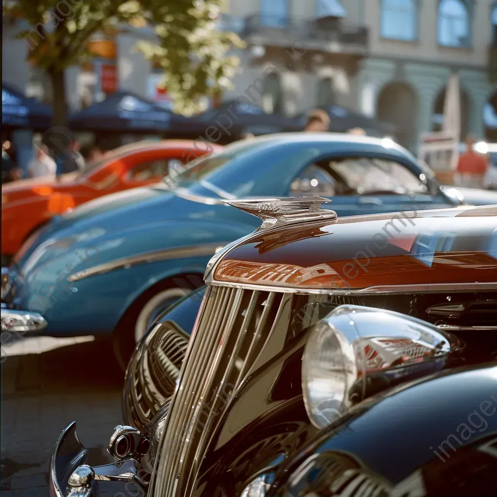 Colorful vintage cars at a car show in a historic town square - Image 2