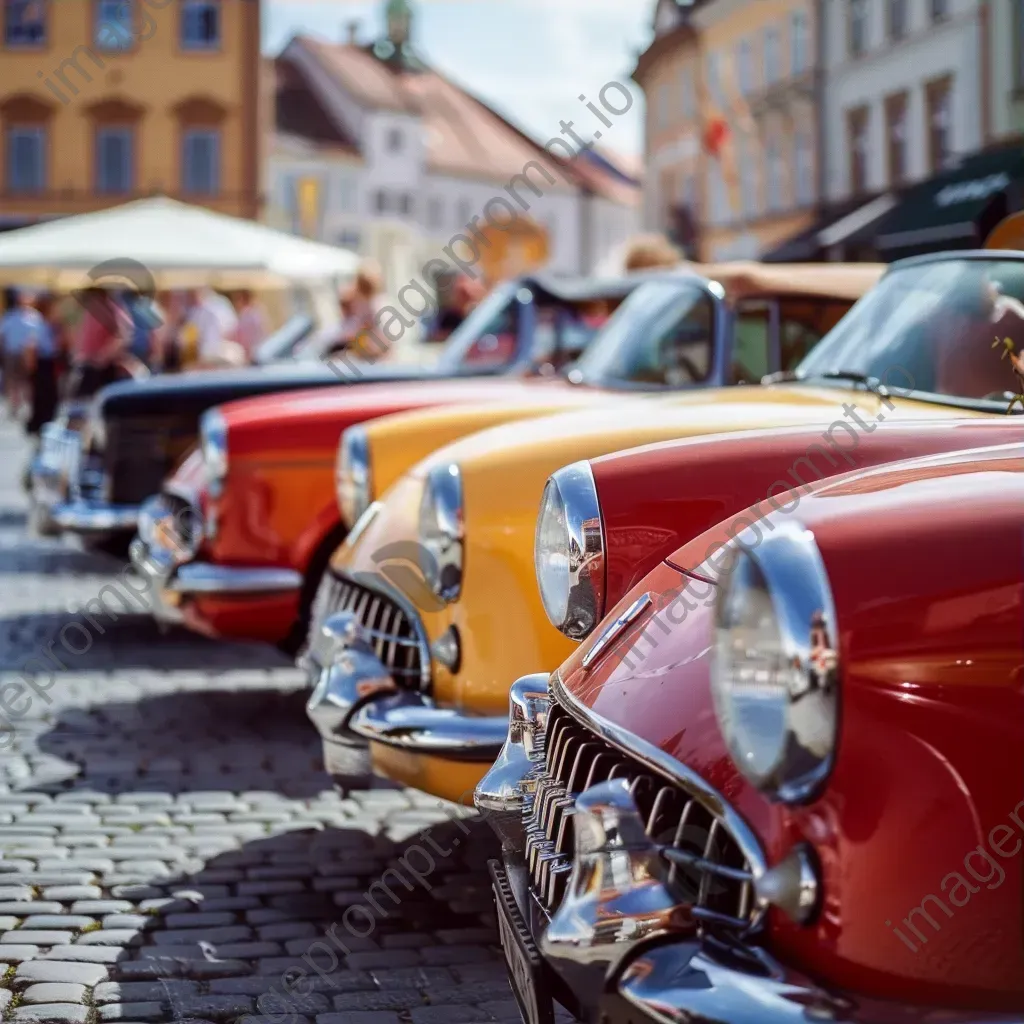 Colorful vintage cars at a car show in a historic town square - Image 3