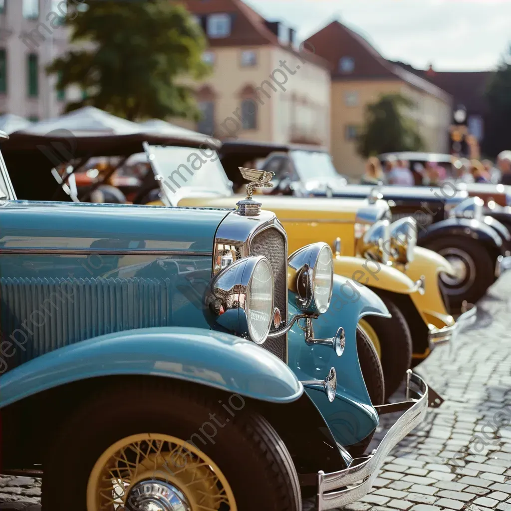 Colorful vintage cars at a car show in a historic town square - Image 4