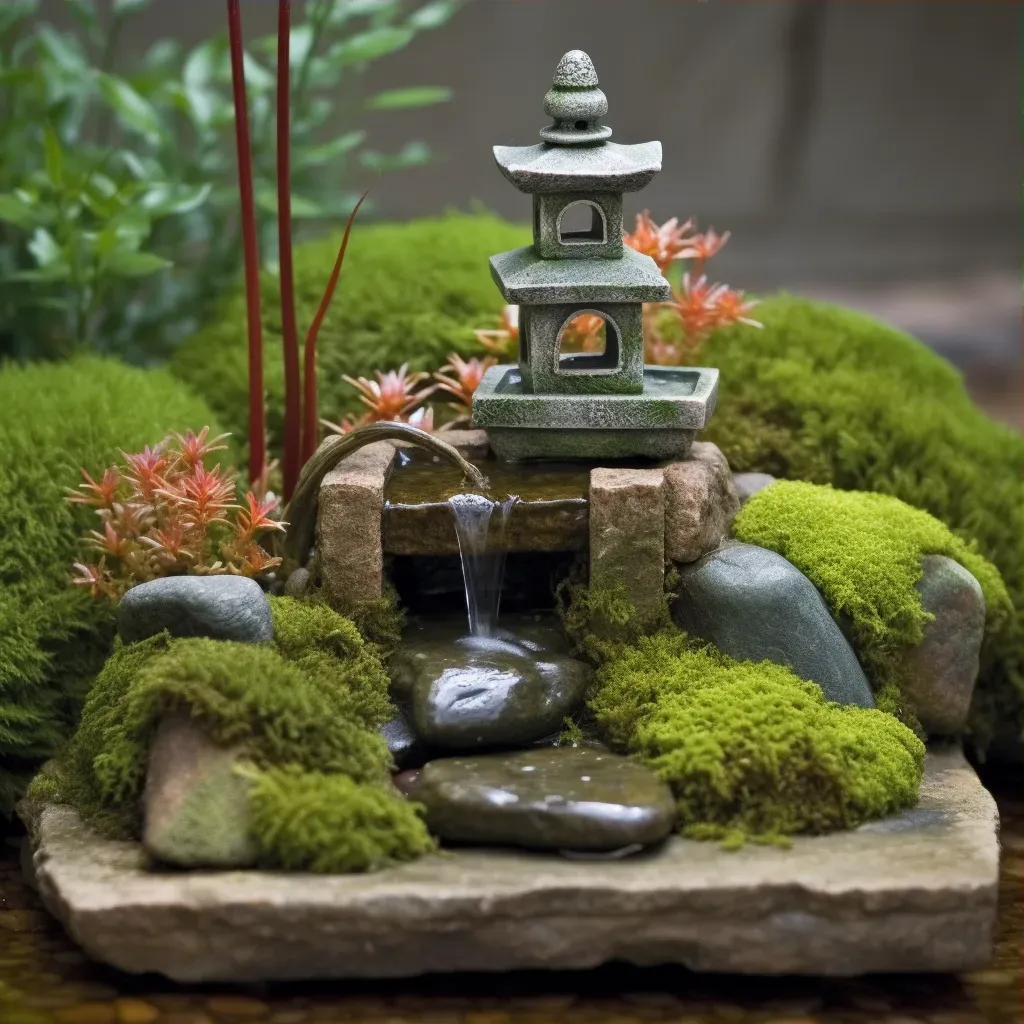 Image of a serene Zen rock garden with a miniature waterfall and a moss-covered stone lantern - Image 3